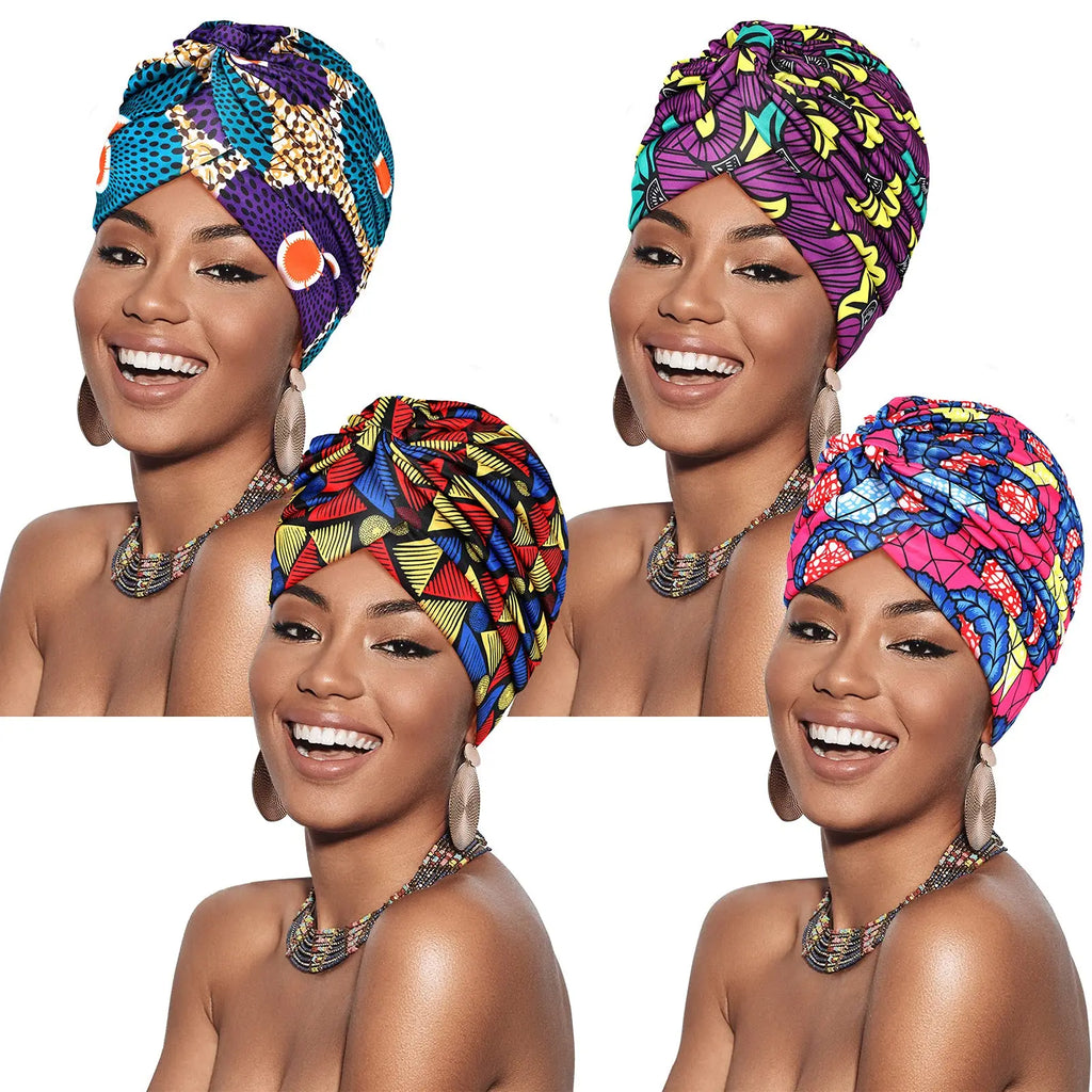 Turban Africain Plissé Torsadé - Bonnet Femme Extensible Doux - Foulard Tête Imprimé