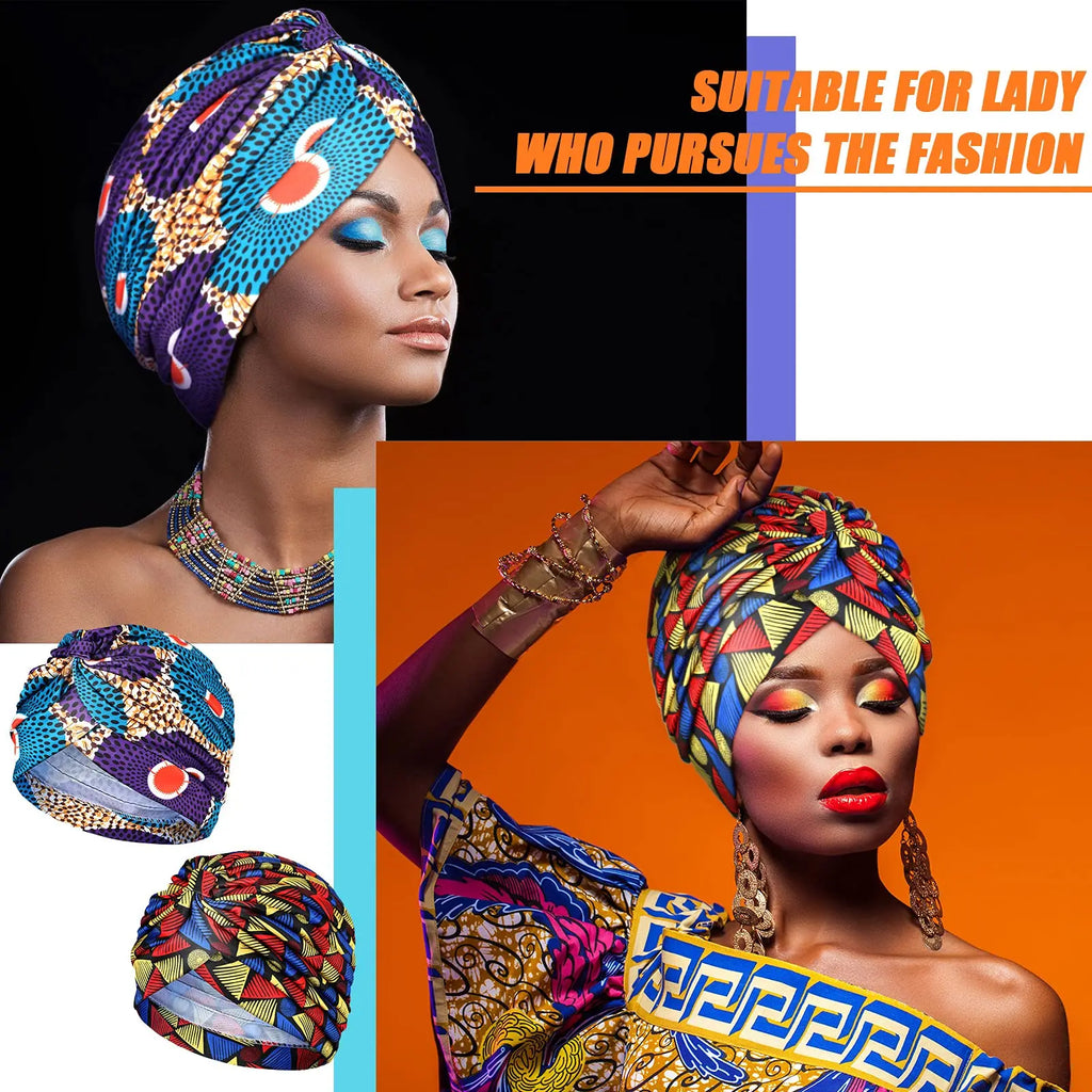 Turban Africain Plissé Torsadé - Bonnet Femme Extensible Doux - Foulard Tête Imprimé