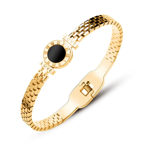 Bracelet femme en acier chirurgical plaqué or 18K, style Back to Rome, avec lettre d’amour et chiffres romains.