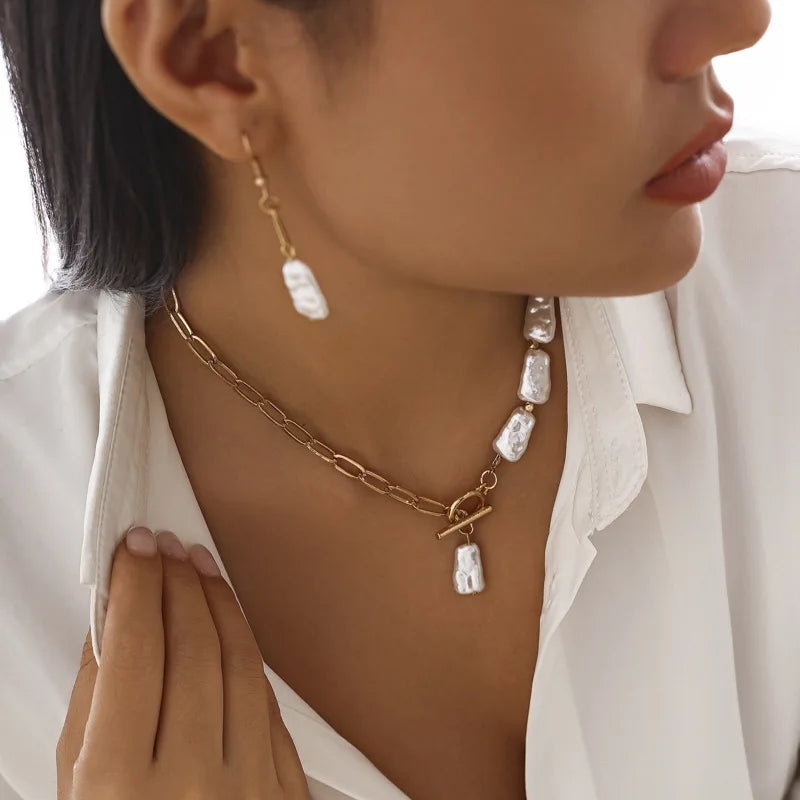 Boho Square Pearl Pendant Necklace Earrings Bracelet Set 20205 Women's Simple Gold Cross Chain Fashion Jewelry for Girls