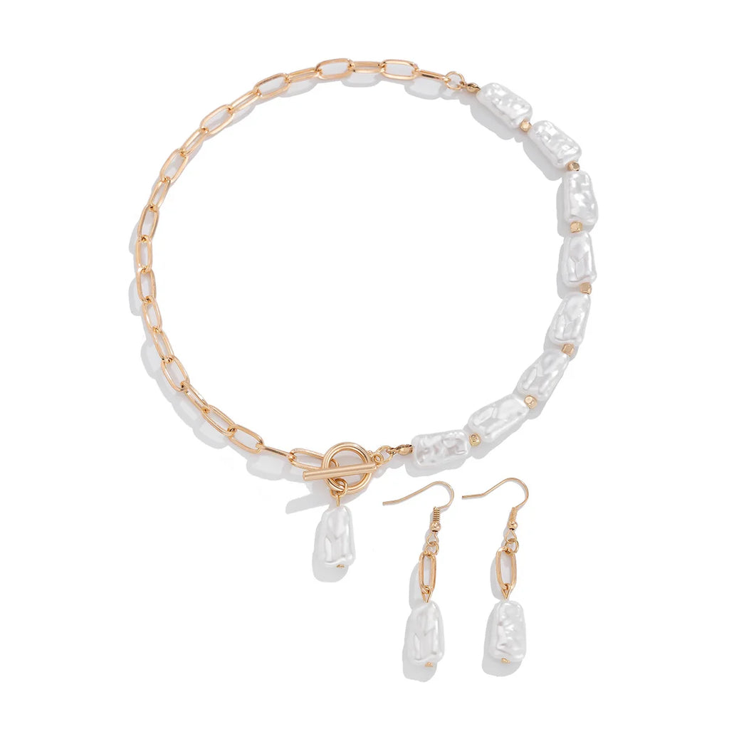 Boho Square Pearl Pendant Necklace Earrings Bracelet Set 20205 Women's Simple Gold Cross Chain Fashion Jewelry for Girls