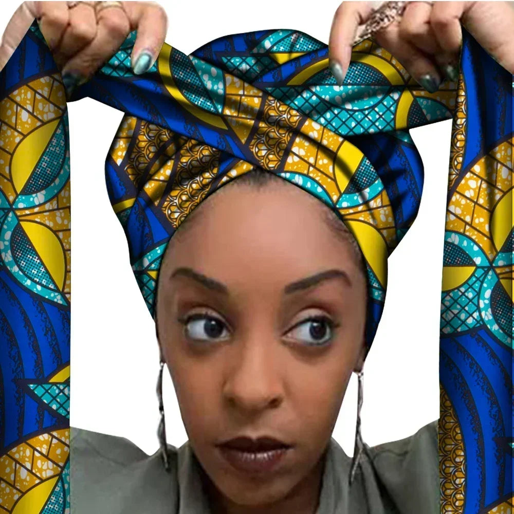 Bonnet Africain Imprimé avec Long Ruban - Turban Wax Ankara Femme Grande Taille