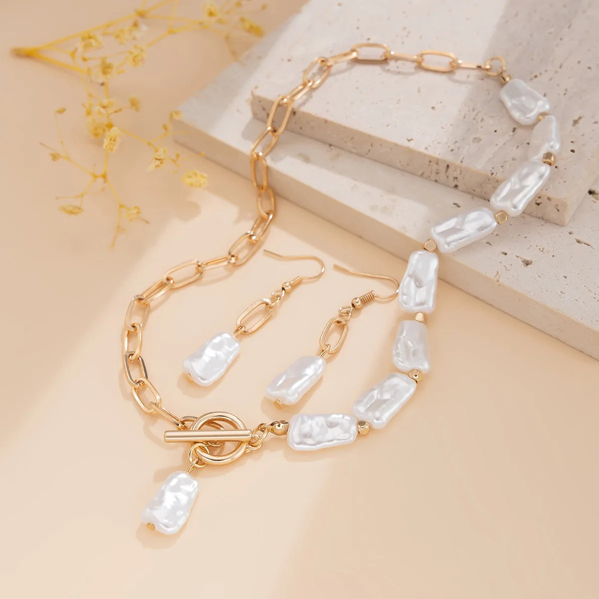 Boho Square Pearl Pendant Necklace Earrings Bracelet Set 20205 Women's Simple Gold Cross Chain Fashion Jewelry for Girls