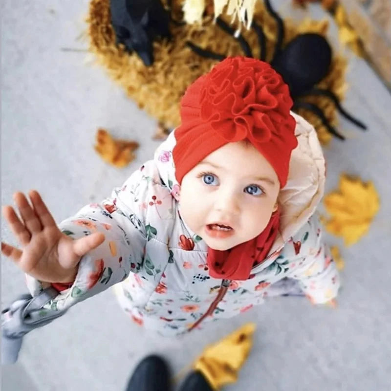 Turban Bonnet Bébé Fille avec Fleur - Bandeau Nouveau-né Doux - Accessoire Photo Naissance
