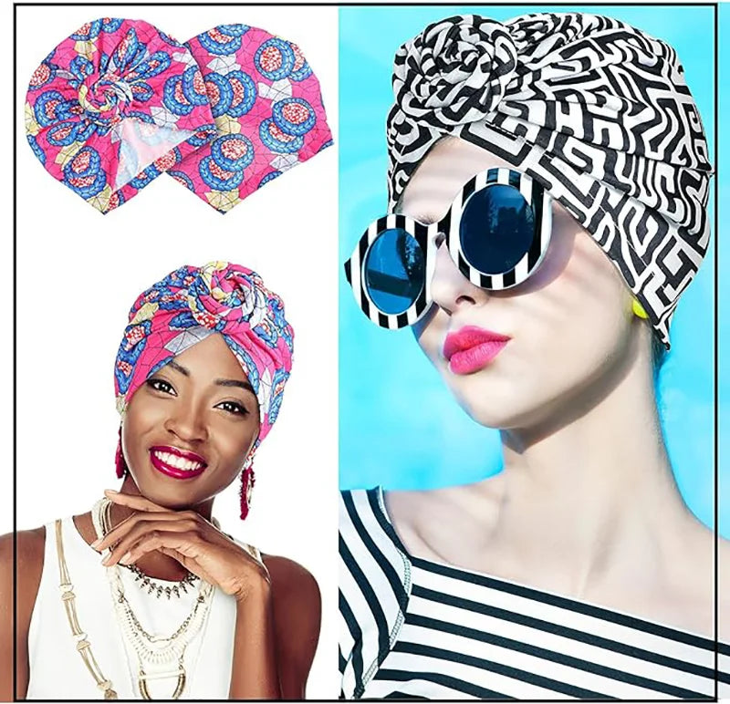 Bonnet Turban Africain Plissé Floral - Turban Femme avec Nœud Fleur - Bandana Indien Élégant
