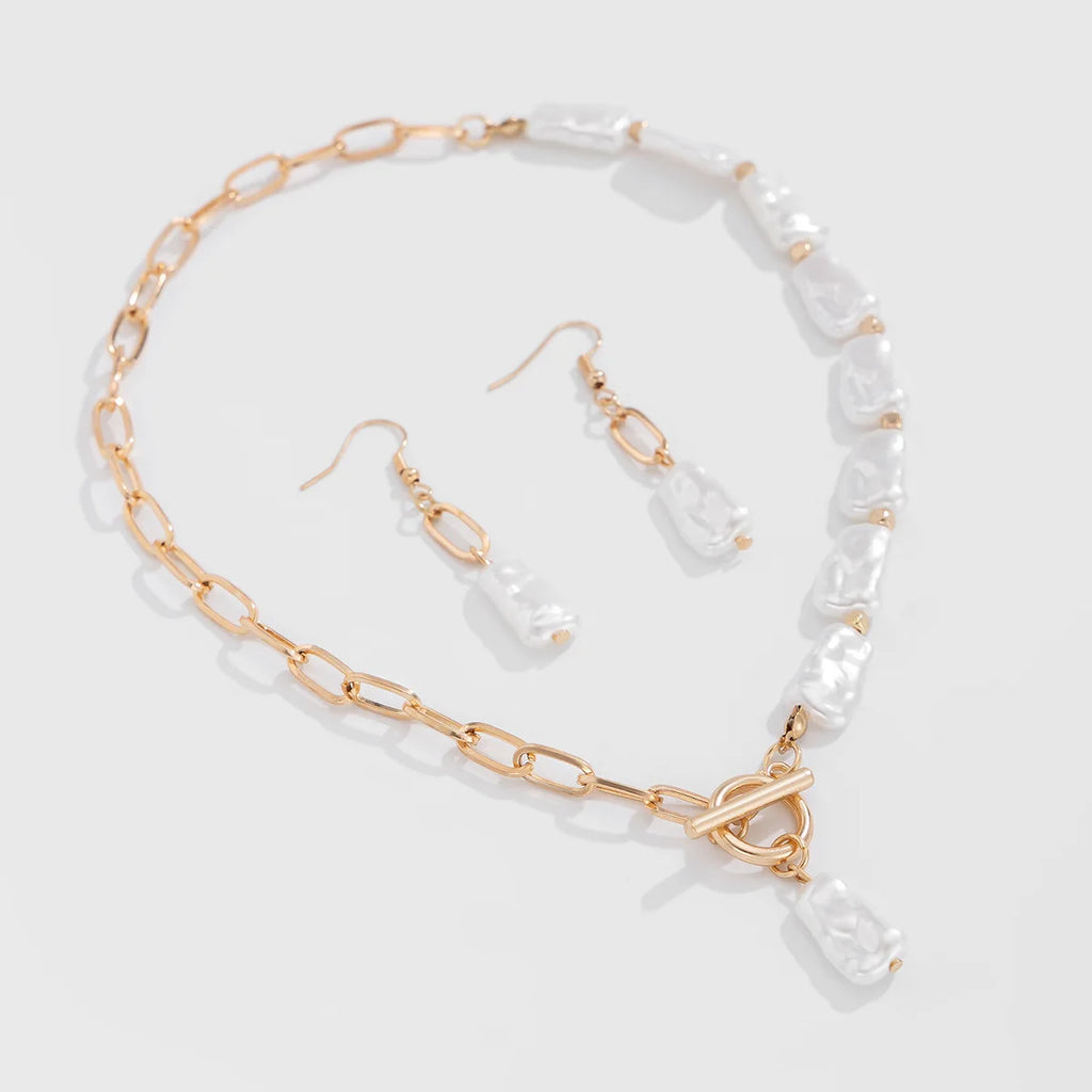 Boho Square Pearl Pendant Necklace Earrings Bracelet Set 20205 Women's Simple Gold Cross Chain Fashion Jewelry for Girls