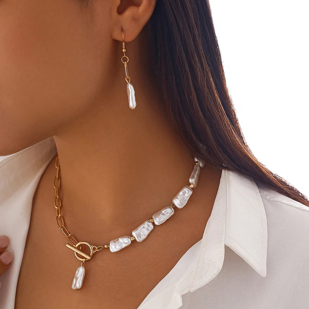 Boho Square Pearl Pendant Necklace Earrings Bracelet Set 20205 Women's Simple Gold Cross Chain Fashion Jewelry for Girls