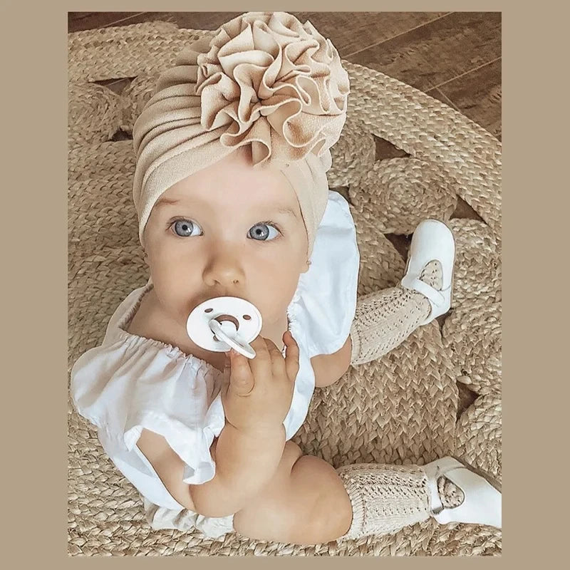 Turban Bonnet Bébé Fille avec Fleur - Bandeau Nouveau-né Doux - Accessoire Photo Naissance