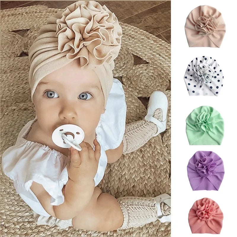 Turban Bonnet Bébé Fille avec Fleur - Bandeau Nouveau-né Doux - Accessoire Photo Naissance